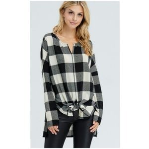Plaid Front Tie Side Slit Sweater
